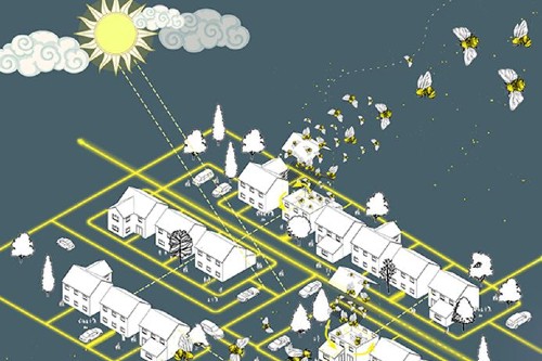 drawing of sun shining on homes